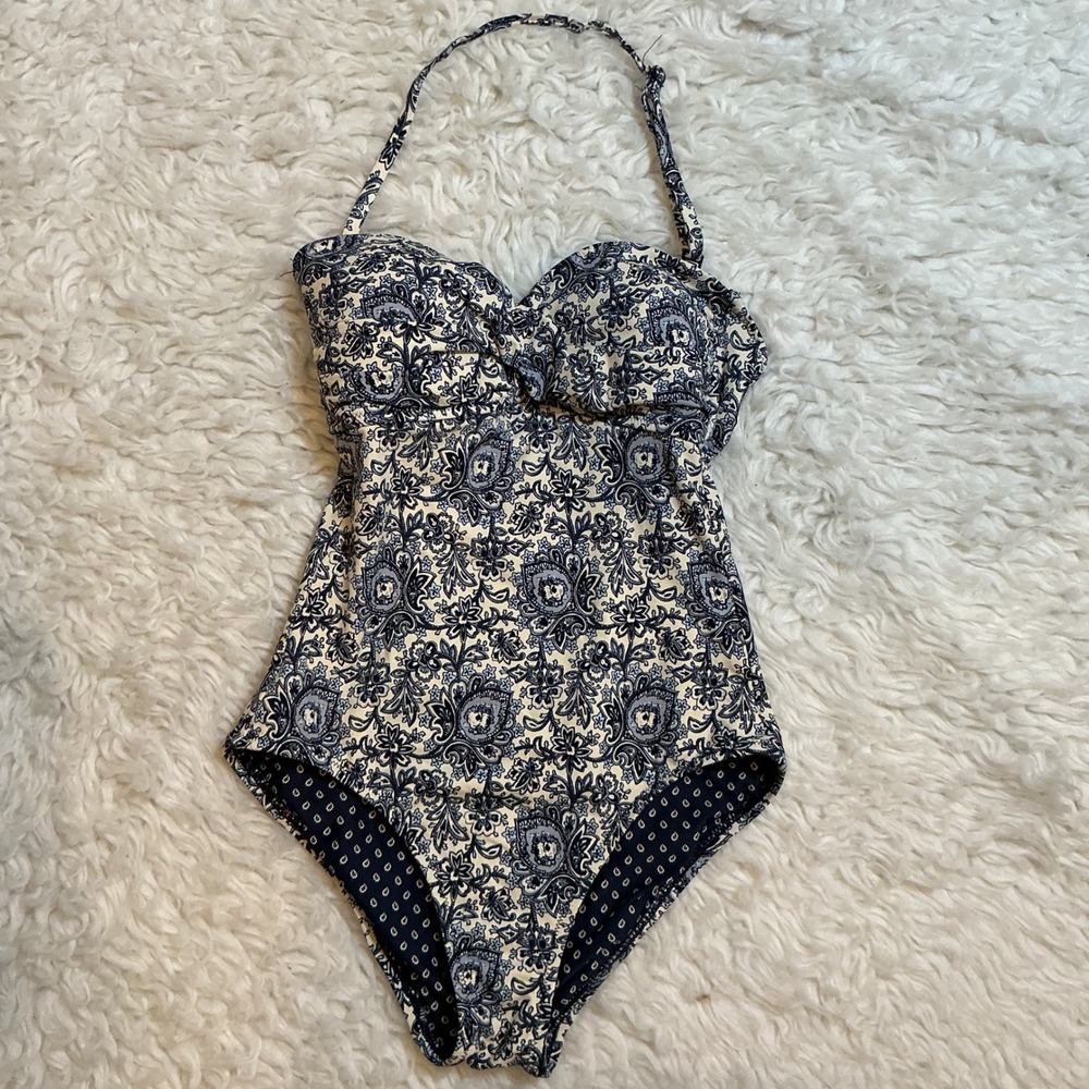 Loft‎ Beach One Piece Swimsuit Women 4 Blue Cream Paisley Floral Cutout